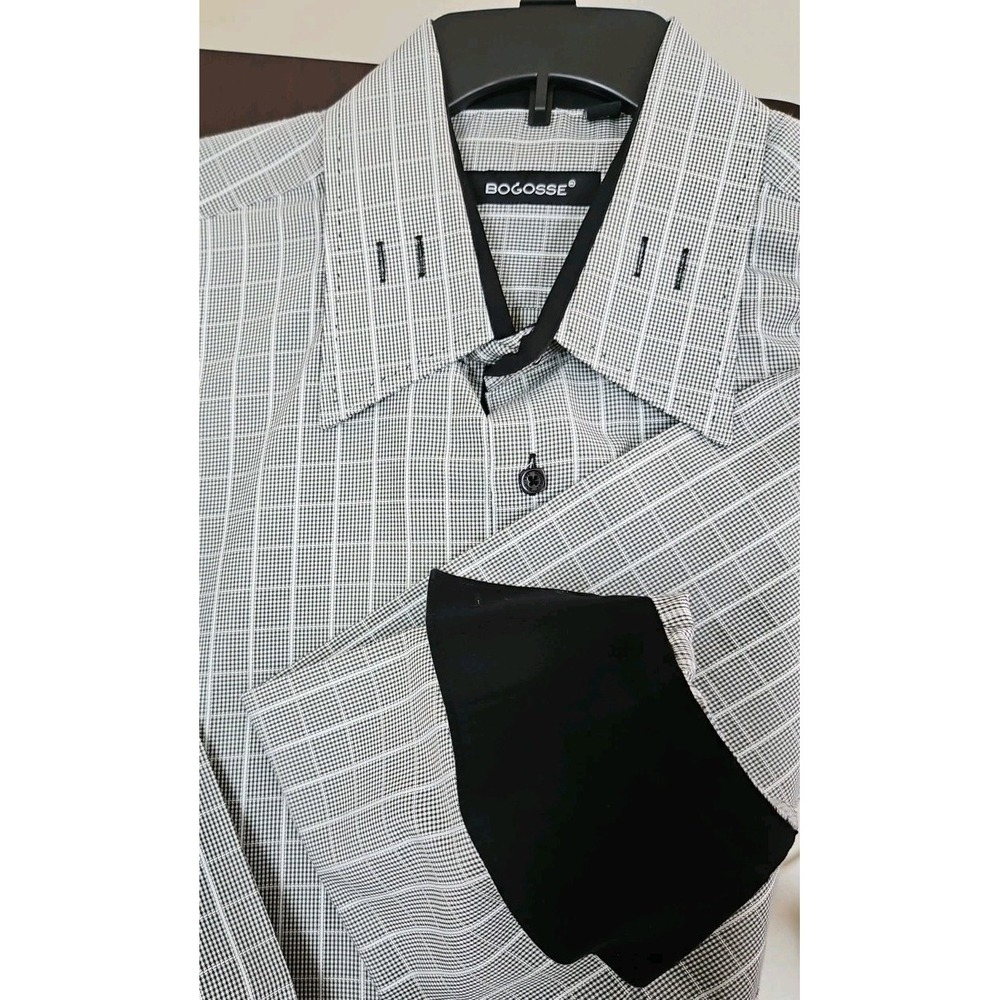 Bogosse Button Up Dress Shirt Mens Size 7 Gray Black Pinstripes Flip Cuff